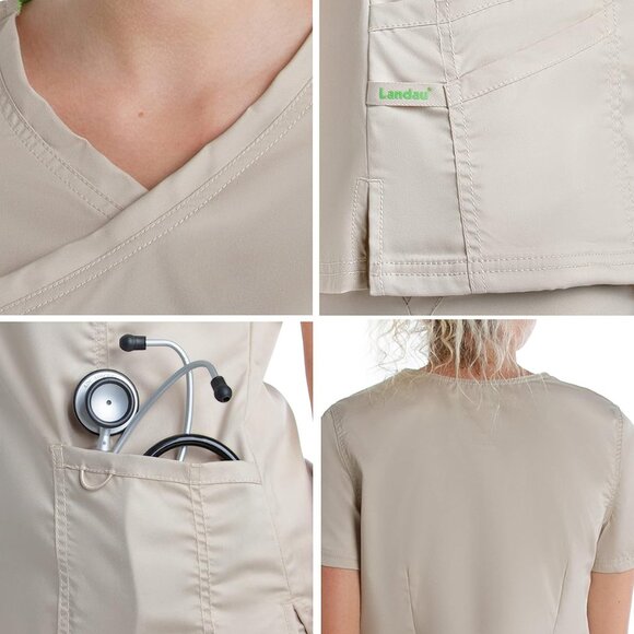 Women's Stretch Scrub Top Mock Wrap V-Neck 3 Pockets Medical Work Wear - Picture 4 of 6